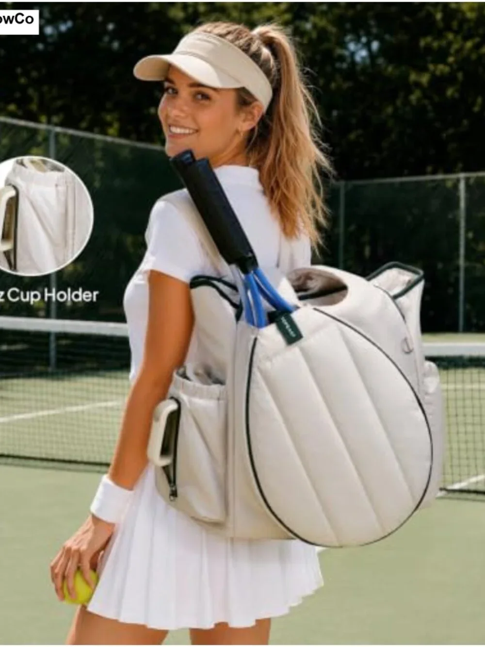 Quilted Tennis Backpack for Women, Racquet Bag with 40oz Bottle Holder